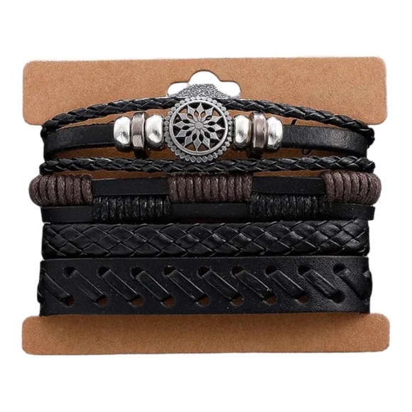 Men's 4pc Set of Stylish Black Leather Bracelets with Silver Tone Charms - Picture 2 of 4